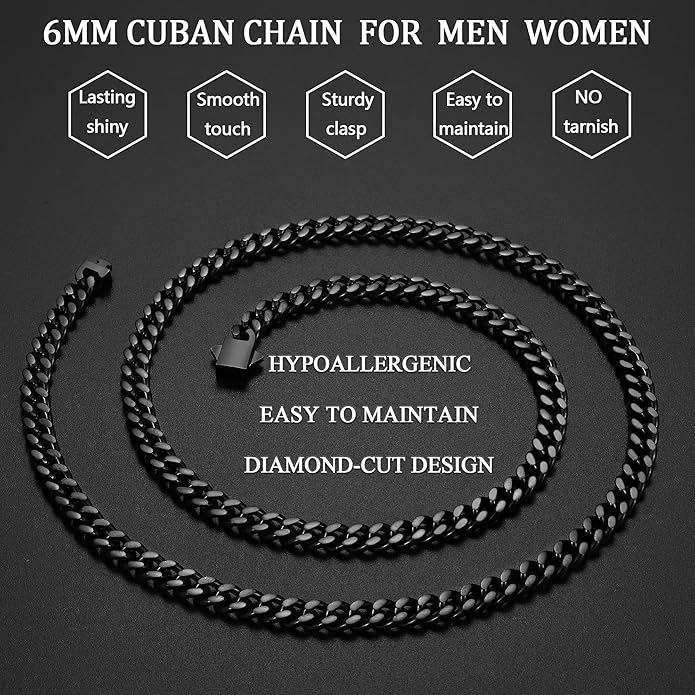 Fiusem Valentines Day Gifts for Him Silver Tone/Black/14K Gold Plated Chain Necklace for Men, 5mm/6mm/7.5mm/8mm/9mm Stainless Steel Cuban Link Chain Necklace, Men's Chains 18-28 Inch Jewelry Gifts
