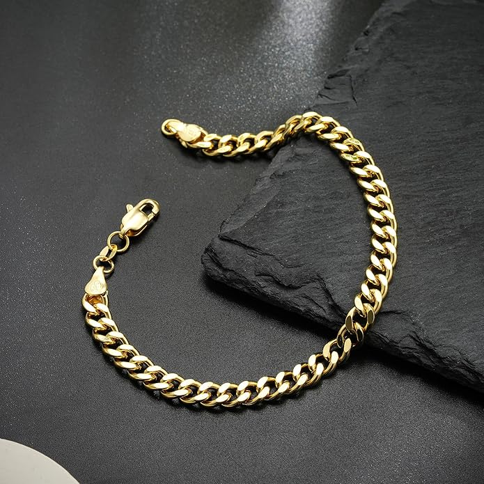 Cuban Link Bracelet for Men, 18K Gold Over Sterling Silver 6MM Cuban Link Bracelet Diamond Cut Cuban Chain Mens Bracelet Gifts for Boyfriend Father Husband