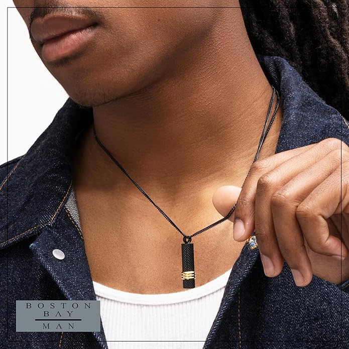 Boston Bay Men’s Black Dog Tag Necklace, 316L Stainless Steel Pendant with 24 Inch Fine Cuban Curb Link Chain