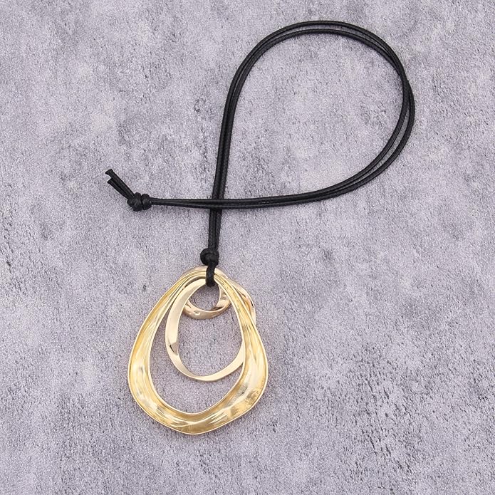 Long Boho Necklaces for Women Vintage Leather Wooden Pendant Y Choker Ethnic Style Gold Circle Hippie Sweater Necklace