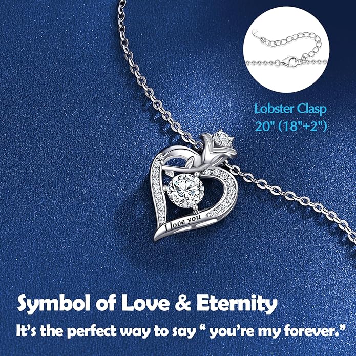 DWWGE Rose Heart Pendant Necklace Gifts for Wife, Engraved 'I love you' Gift for Wife Girlfriend, Anniversary Birthday Eternity Jewelry Present for Women, Moissanite Necklace Gift for Her