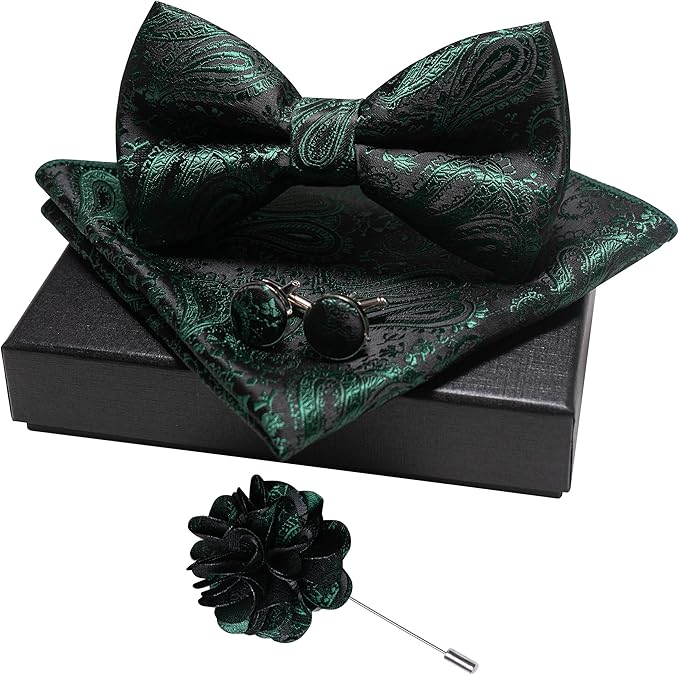 JEMYGINS Mens Paisley Bow Tie and Lapel Pin Necktie Pocket Square and Tie Clip with Sets for Business Casual 4PCS