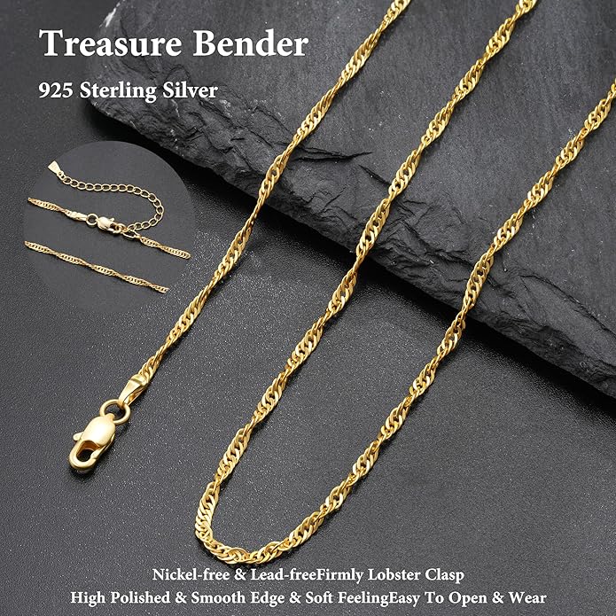 S925 Sterling Silver Wave Chain Necklace for Women - Sterling Silver Wave Chain Necklace Thick Sturdy Colourfast Necklaces Jewelery for Women 16/18/20/22 Inch