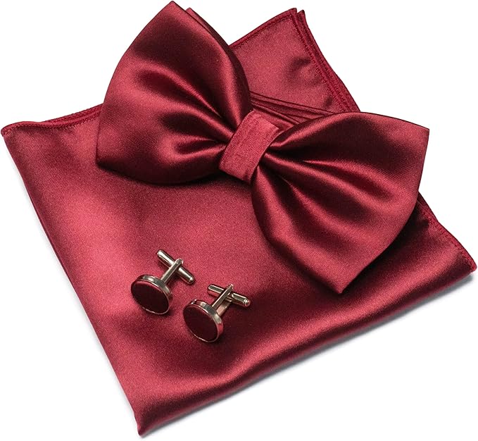 JEMYGINS Solid Color mens Pre-tied Bow Tie and Pocket Square Cufflinks Sets with Gift Box