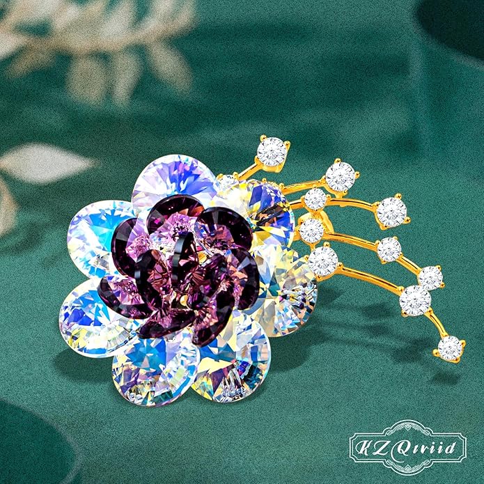 KZQtriid Brooches For Women,14k Gold Plated Copper,Crystal Roselle Cubic Zirconia Brooch Pins For Women ，Crystal Broach,Flower Broach