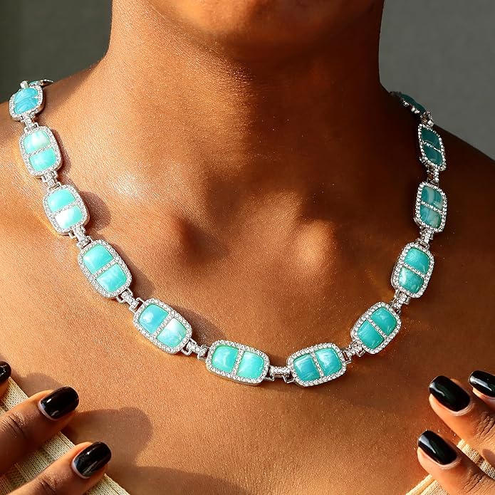 Chunky Necklace for Women 12 Colors Diamond Stone Gold Statement Necklace for Women Full Trendy Blue Birthstone Choker Necklace for Women Square Design Necklace Jewelry