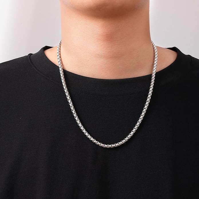 Fiusem Box Chain for Men, Silver Tone/14K Gold Plated/Black Stainless Steel Necklace for Men and Women, Width 2/2.5/3/4/5mm, Length 18-28 Inches