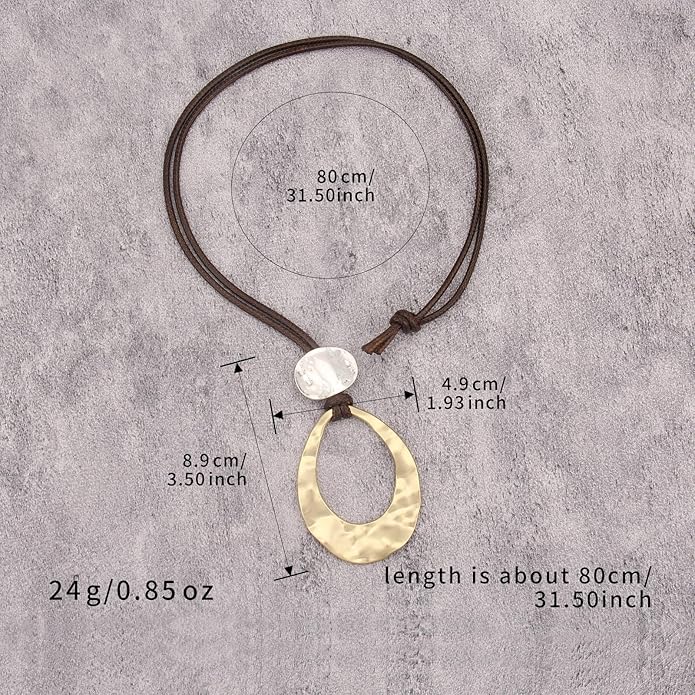 Long Boho Necklaces for Women Vintage Leather Wooden Pendant Y Choker Ethnic Style Gold Circle Hippie Sweater Necklace