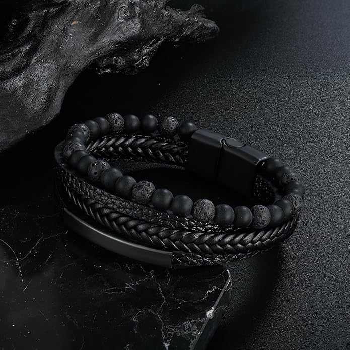 Mens Tiger Eye Matee Black Onyx Lava Rock Volcanic Stone Beaded Bracelet, Black Braided Leather Bracelet for Men