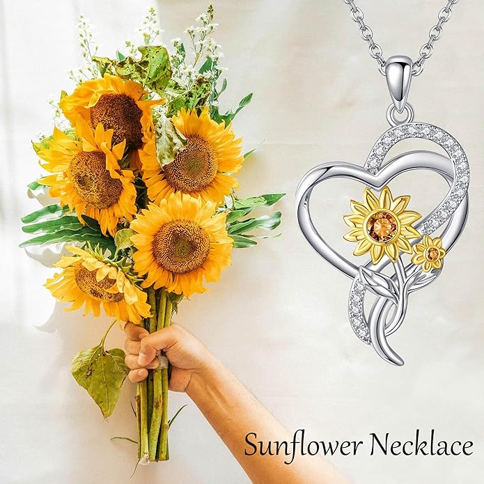 Tulip Sunflower Rose Lily of the Valley Sterling Silver Flower Heart Pendant Necklace Gifts for Women Mother Flower Lover