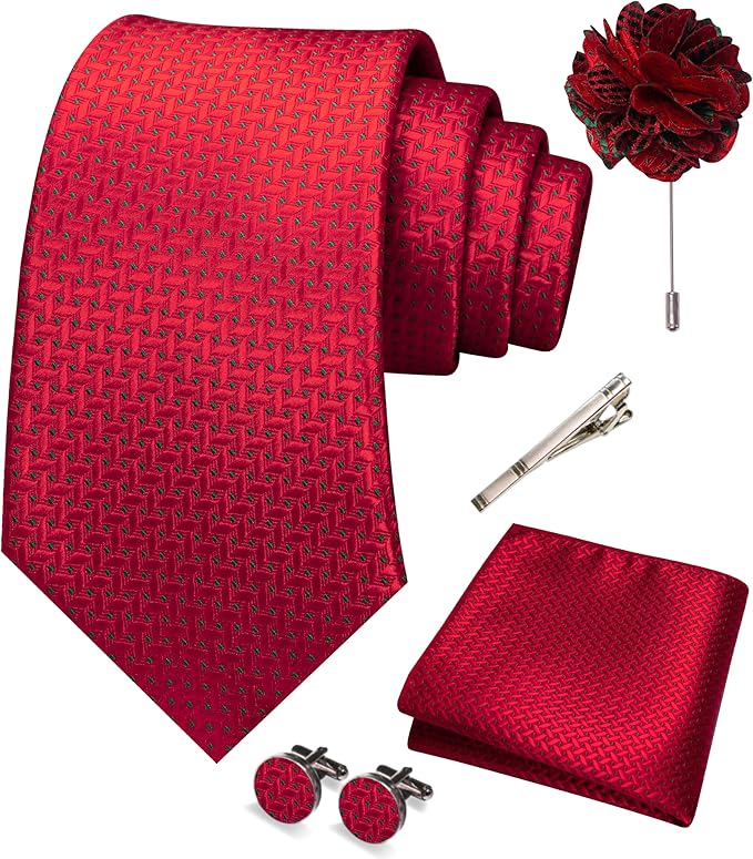 JEMYGINS Mens Tie and Pocket Square,Lapel Pin,Cufflinks,Tie Clip Sets with Gift Box 5PCS
