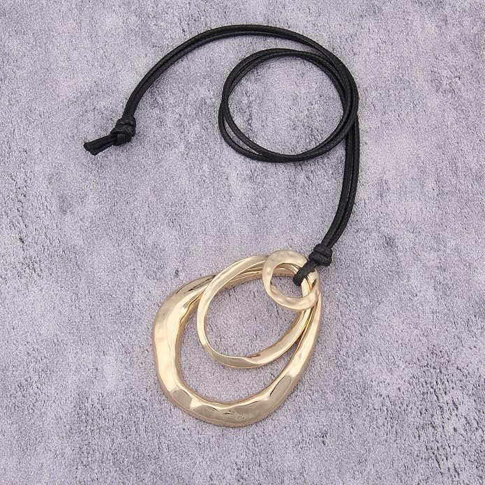 Long Boho Necklaces for Women Vintage Leather Wooden Pendant Y Choker Ethnic Style Gold Circle Hippie Sweater Necklace