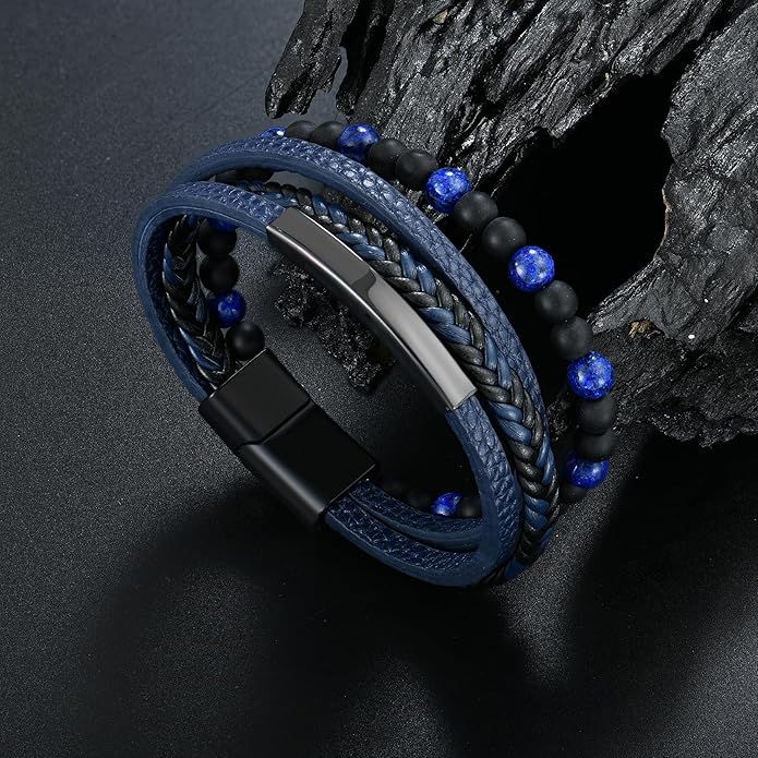 Mens Tiger Eye Matee Black Onyx Lava Rock Volcanic Stone Beaded Bracelet, Black Braided Leather Bracelet for Men