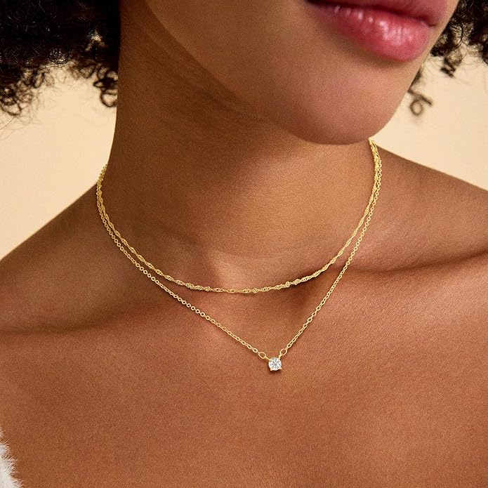 Layered Gold Necklace for Women Trendy 14K Gold Plated Heart CZ Pendant Layered Gold Necklaces Set Coin Choker Necklaces Simple Circle Cubic Zirconia Pearl Necklace Stack Herringbone Paperclip Chain Jewelry Set