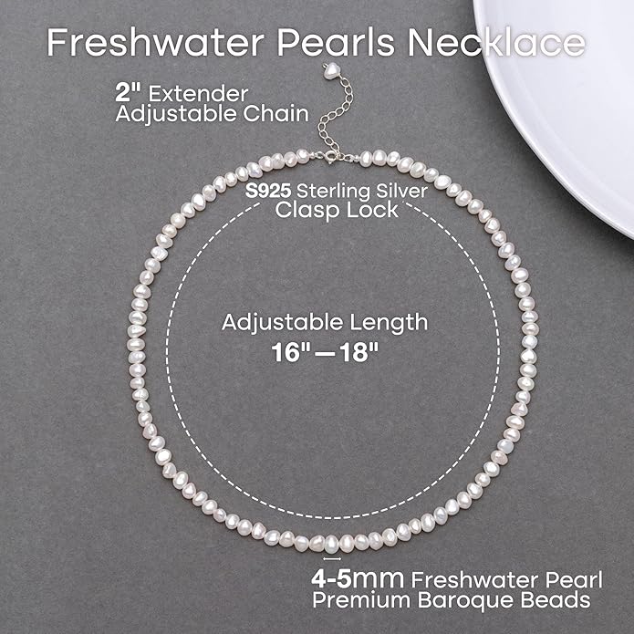 Natural Pearls Choker Necklace for Women Freshwater Baroque Pearl Strand Necklace Chain Cultured Baroque Pearl 18K Gold Plated & S925 Sterling Silver Clasp Choker