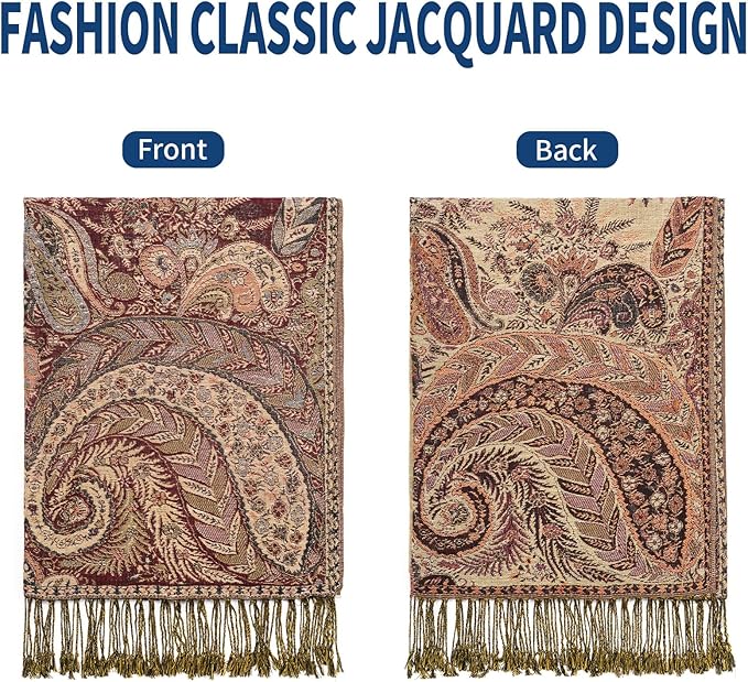 QIUTIMIY Paisley Pashmina Shawl Wrap Women Reversible Vintage Jacquard Pashmina Rave Scarf with Fringe for Evening, Wedding