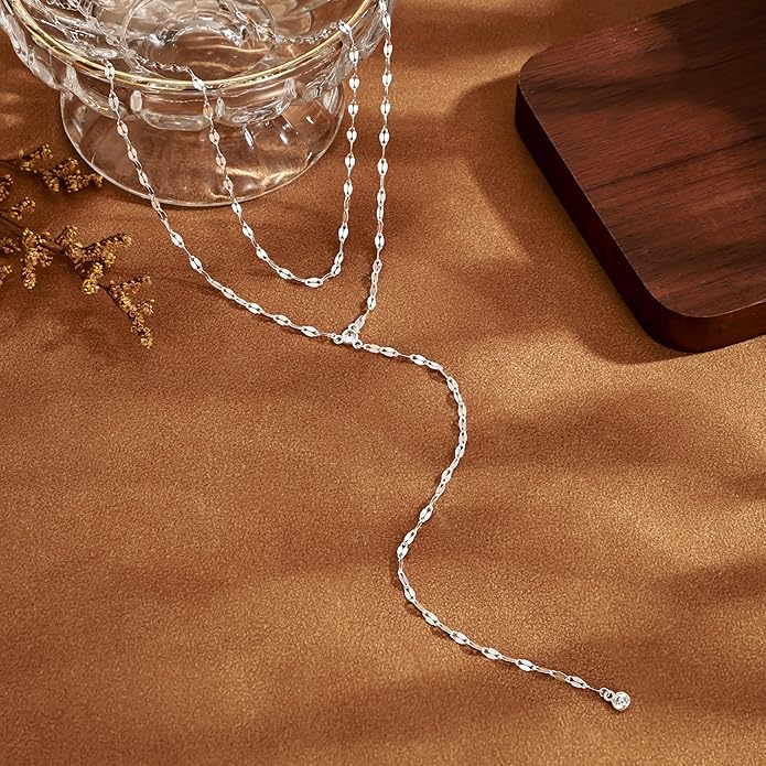 LOVELUCK Long Lariat Necklace for Women,Dainty Layered Y-Shaped Necklaces 14k Gold/Silver Plated Drop Chain Trendy Christmas Jewelry Gifts