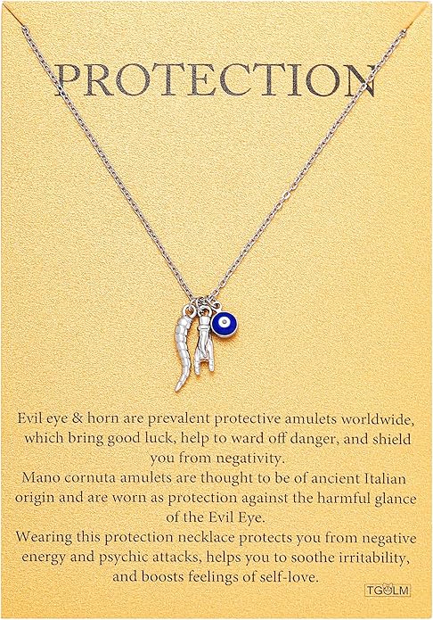 Dainty Blue Evil Eye Charm Horn Pendant Necklace for Women's Spiritual Protection Jewelry 14K Gold Plated