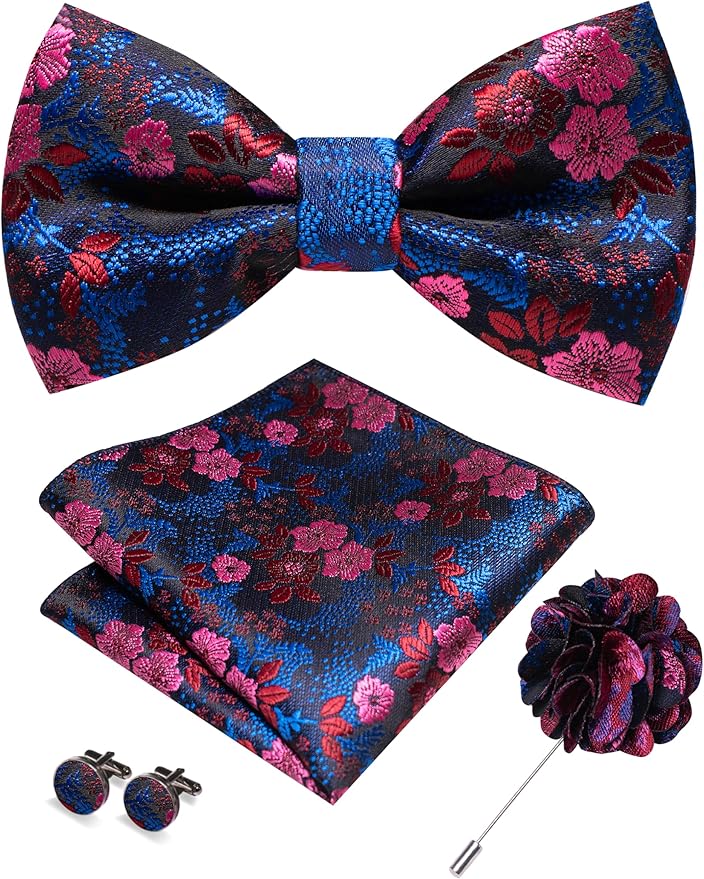 JEMYGINS Floral Pre-tied Bow Tie and Pocket Square Cufflinks Lapel Pin Sets for Men 4PCS