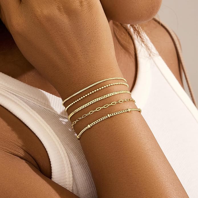 Gold Bracelets for Women Non Tainish,Dainty Bracelets Stack for Women Trendy, Gold Plated Cuff Bracelets Stack With Beaded Cuban Paperclip Snake Rope Bangle Hand Chain Jewelry Gifts for Women