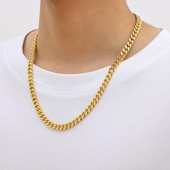 Fiusem Valentines Day Gifts for Him Silver Tone/Black/14K Gold Plated Chain Necklace for Men, 5mm/6mm/7.5mm/8mm/9mm Stainless Steel Cuban Link Chain Necklace, Men's Chains 18-28 Inch Jewelry Gifts