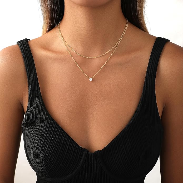 Layered Gold Necklace for Women Trendy 14K Gold Plated Heart CZ Pendant Layered Gold Necklaces Set Coin Choker Necklaces Simple Circle Cubic Zirconia Pearl Necklace Stack Herringbone Paperclip Chain Jewelry Set