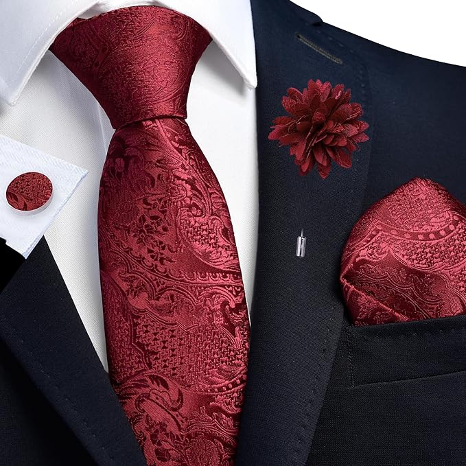GUSLESON 8cm Paisley Tie Set for Men Necktie Lapel Pin Pocket Square Cufflinks Set for Men