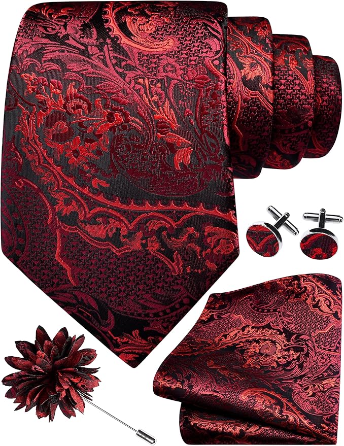 GUSLESON 8cm Paisley Tie Set for Men Necktie Lapel Pin Pocket Square Cufflinks Set for Men