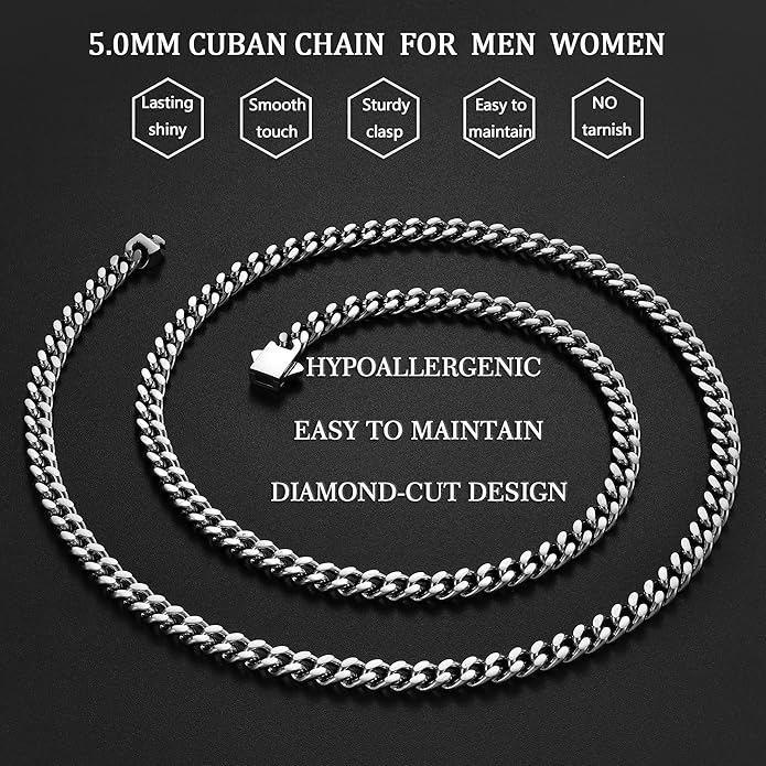 Fiusem Valentines Day Gifts for Him Silver Tone/Black/14K Gold Plated Chain Necklace for Men, 5mm/6mm/7.5mm/8mm/9mm Stainless Steel Cuban Link Chain Necklace, Men's Chains 18-28 Inch Jewelry Gifts