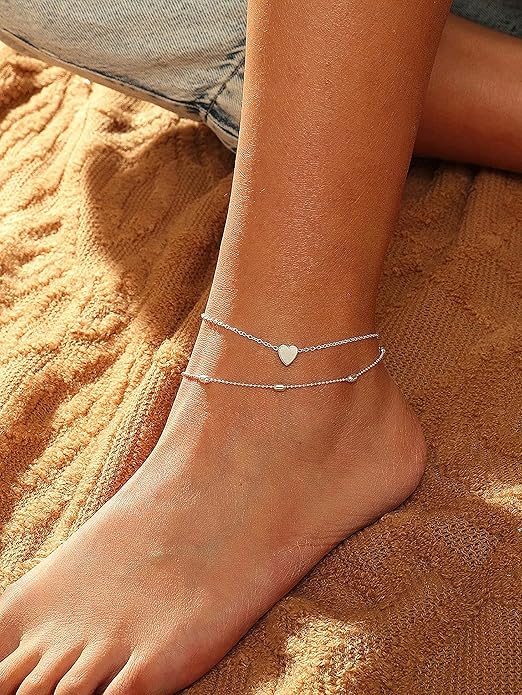 Pencros Dainty Layered Anklet,14K Gold Filled Cute Beads Satellite Chain Heart Boho Adjustable Anklets for Women