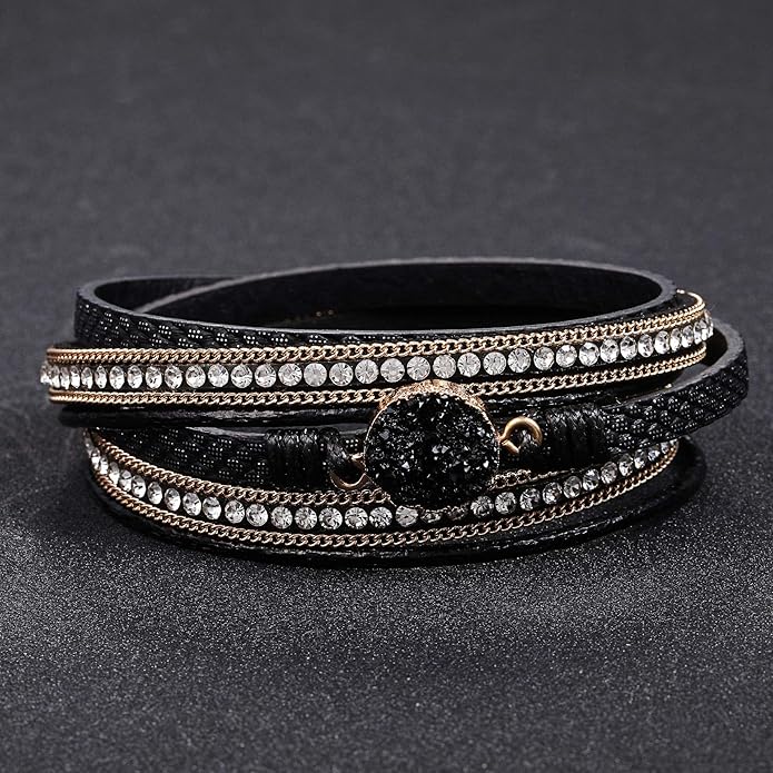 Fesciory Leather Wrap Bracelets for Women, Boho Leopard Multi-Layer Crystal Beads Cuff Bracelet Jewelry