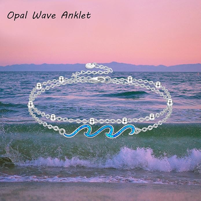 YFN Wave Anklet 925 Sterling Silver Ocean Wave Layered Ankle Bracelet Wave Beach Jewelry for Women Gifts