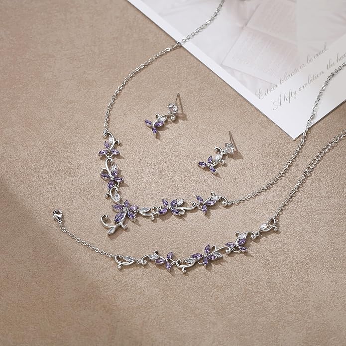Crysdue Flower Leaf Wedding Jewelry Set for Bridal Bridemaid, Cubic Zirconia Teardrop Elegant Silver/14K/Rose Gold Plated Vine Necklace Dangle Earrings for Prom Party