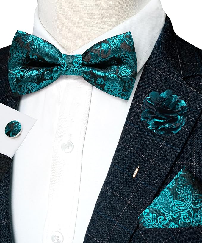 JEMYGINS Paisley Pre-tied Bow Tie and Pocket Square Cufflinks Lapel Pin Sets for Men 4PCS