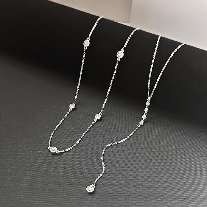 Zeffy Lariat Gold Necklace for Women, Dainty Long Necklace 14k Gold/Silver Plated Layered CZ Beaded Bar Chain Y-Shaped Body Chain Stack Drop Wedding Necklace Trendy Simple Gold Jewelry Gifts