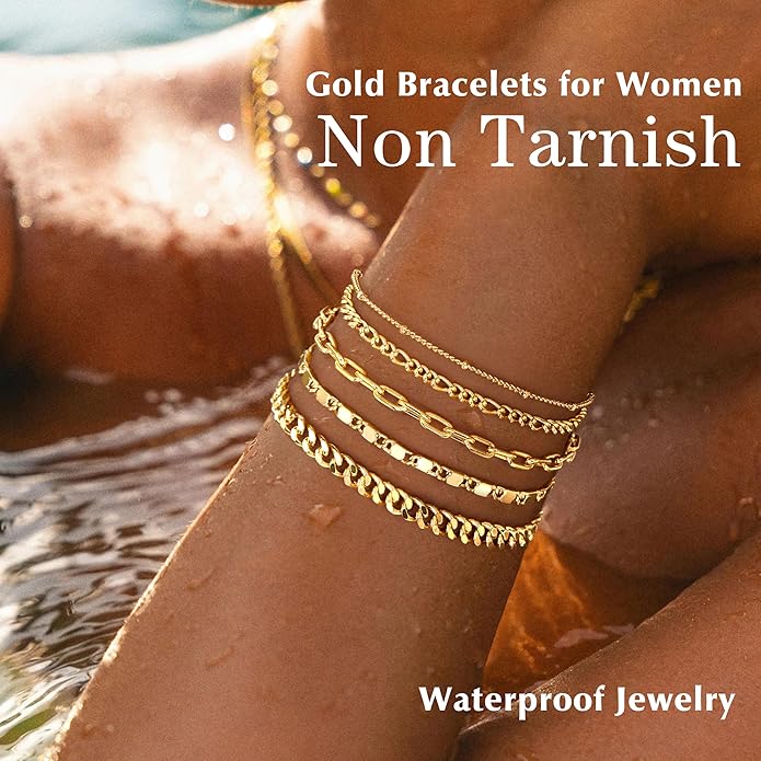 Gold Bracelets for Women Trendy,14K Gold Plated Dainty Stackable Paperclip Cuban Link Chain Bracelets, Simple Cute Cuff Bracelets Jewelry Set Adjustable 7"+2"