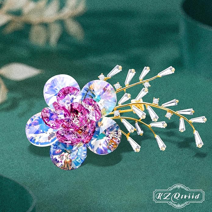 KZQtriid Brooches For Women,14k Gold Plated Copper,Crystal Roselle Cubic Zirconia Brooch Pins For Women ，Crystal Broach,Flower Broach