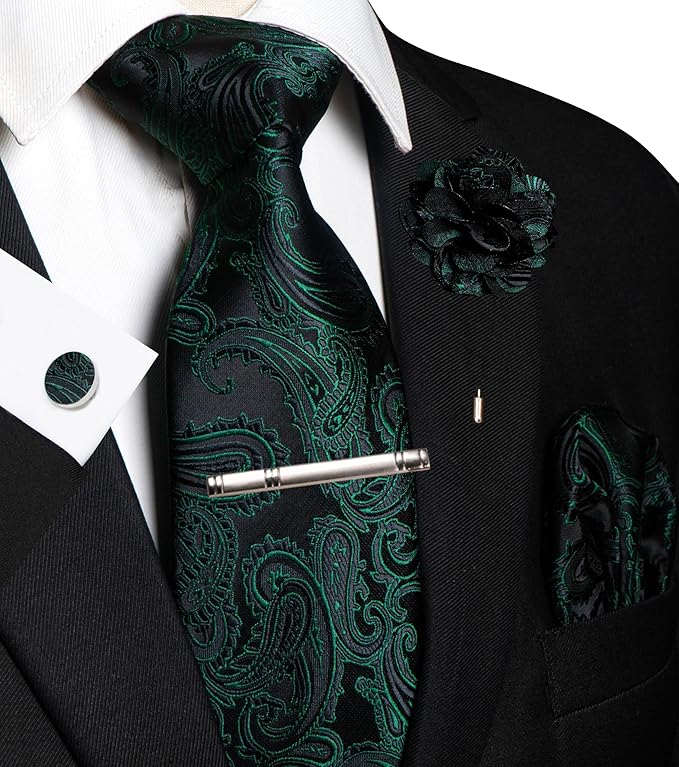 JEMYGINS Mens Paisley Tie and Pocket Square,Lapel Pin,Cufflinks,Tie Clip Sets with Gift Box 5PCS