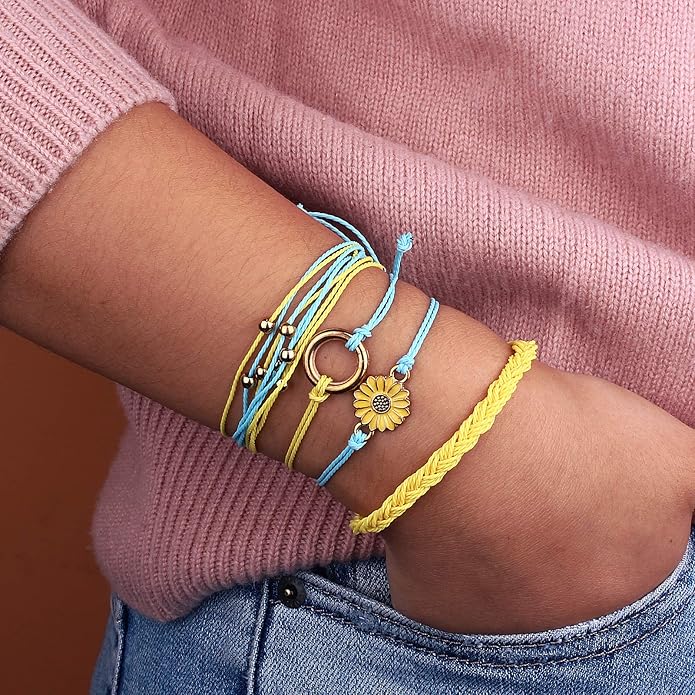 FANCY SHINY Sunflower String Bracelet Boho Braided Rope Wrap Bracelets Cute Summer Beach Surfer Jewelry for Women