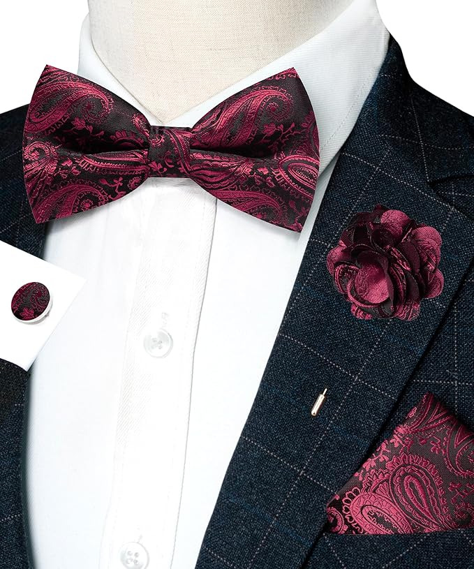JEMYGINS Mens Paisley Bow Tie and Lapel Pin Necktie Pocket Square and Tie Clip with Sets for Business Casual 4PCS