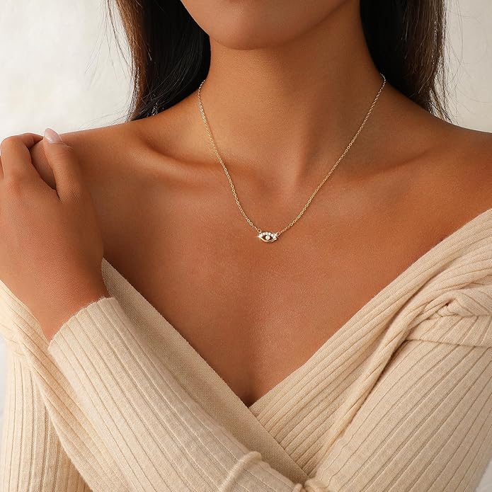 Evil Eye Necklace for Women,Dainty 14K Gold/Sterling Silver Plated Evil Eye Pendant Necklace Tiny Boho CZ Diamond Necklace Cute Trendy Lucky Protection Jewelry Gift for Women