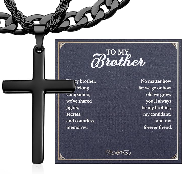TEN MIRO Silver/Black Cross Necklace for Men Boy Stainless Steel Cross Pendant Necklace for Men Christian Religious Jewelry with Box & Card Birthday Anniversary Christmas Father's Day Gifts for Him