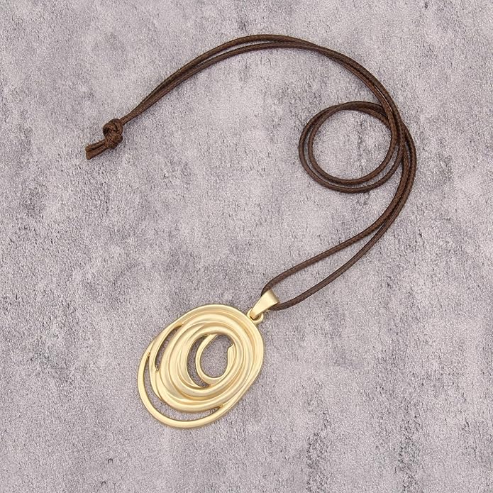 Long Boho Necklaces for Women Vintage Leather Wooden Pendant Y Choker Ethnic Style Gold Circle Hippie Sweater Necklace