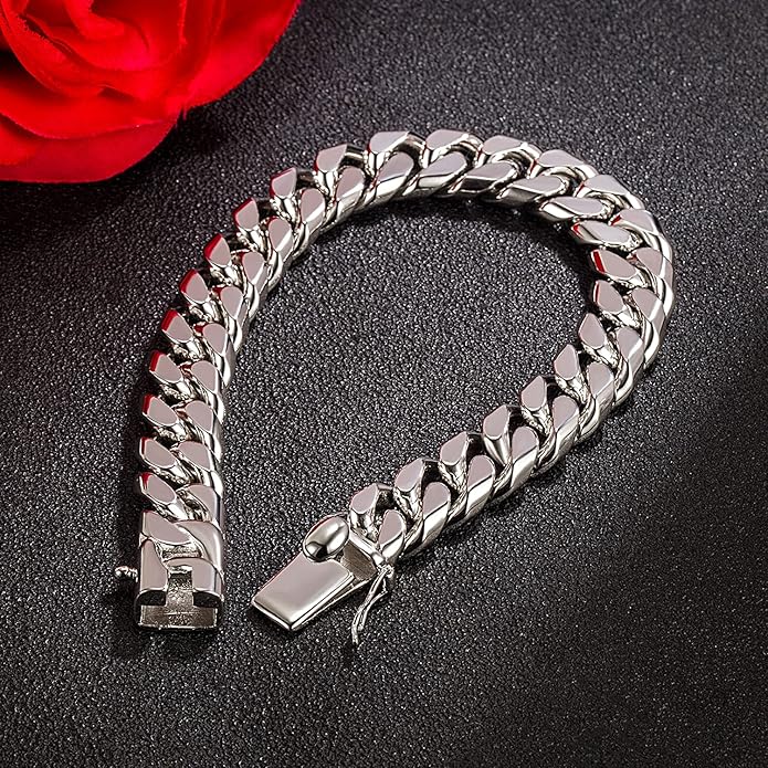 Fashion 925 Sterling Silver Solid Miami Cuban Link Chain Bracelet 8MM-12MM-14MM Curb Cuban Solid Thick Big Link Bracelet For Men 7-10 Inch Jewelry Gift