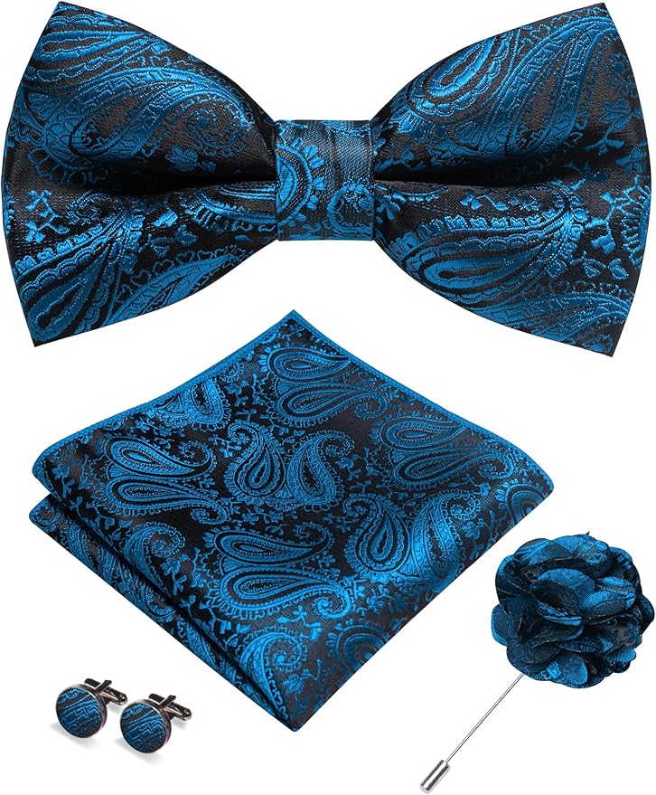 JEMYGINS Mens Paisley Bow Tie and Lapel Pin Necktie Pocket Square and Tie Clip with Sets for Business Casual 4PCS
