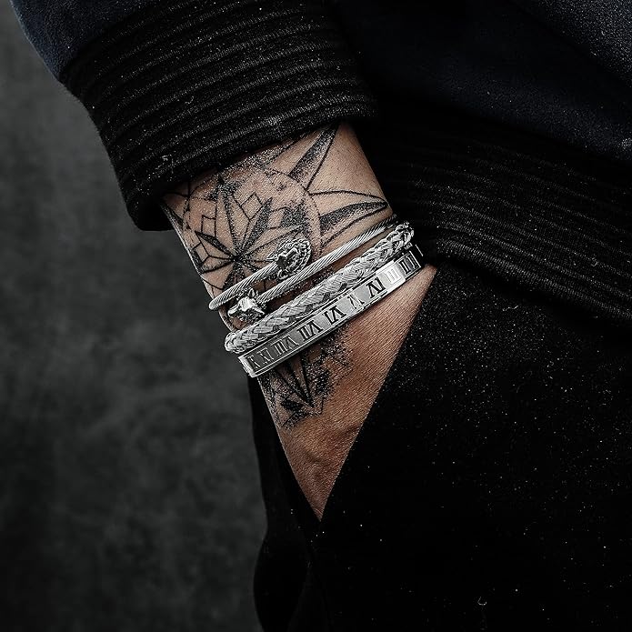 WFYOU 3PCS Stainless Steel Bracelets for Men Gold Roman Numeral Bangle Bracelet Twisted Cable Bracelet Adjustable Cuff Bracelet Mens Luxury Jewelry Bracelets Gifts