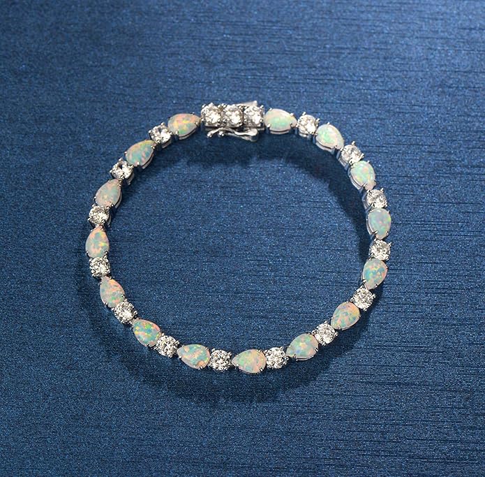 FANCIME October Birthstone Bracelets for Women Sterling Silver Created Opal Bracelet Gemstone Tennis Bracelets Dainty Charm Fine Jewelry for Women 7"