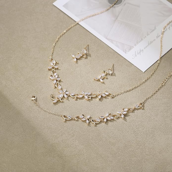Crysdue Flower Leaf Wedding Jewelry Set for Bridal Bridemaid, Cubic Zirconia Teardrop Elegant Silver/14K/Rose Gold Plated Vine Necklace Dangle Earrings for Prom Party