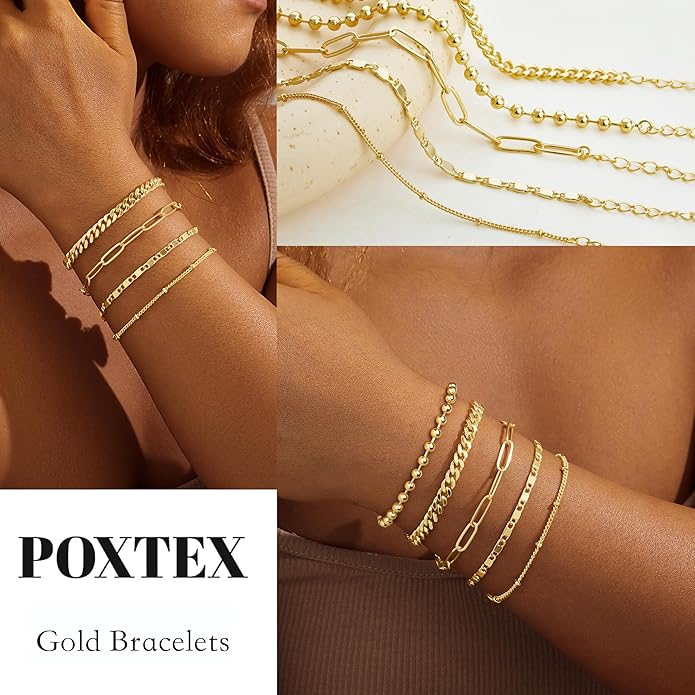 Gold Bracelets for Women Non Tainish,Dainty Bracelets Stack for Women Trendy, Gold Plated Cuff Bracelets Stack With Beaded Cuban Paperclip Snake Rope Bangle Hand Chain Jewelry Gifts for Women
