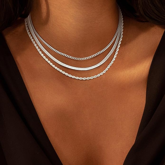 Gold/Silver Necklaces Stack For Women, 14K Gold/Sterling Silver Plated Layered Choker Necklace Set, Stackable Multilayer Simple Cuban Snake Paperclip Chain Set Jewelry Gift for Women
